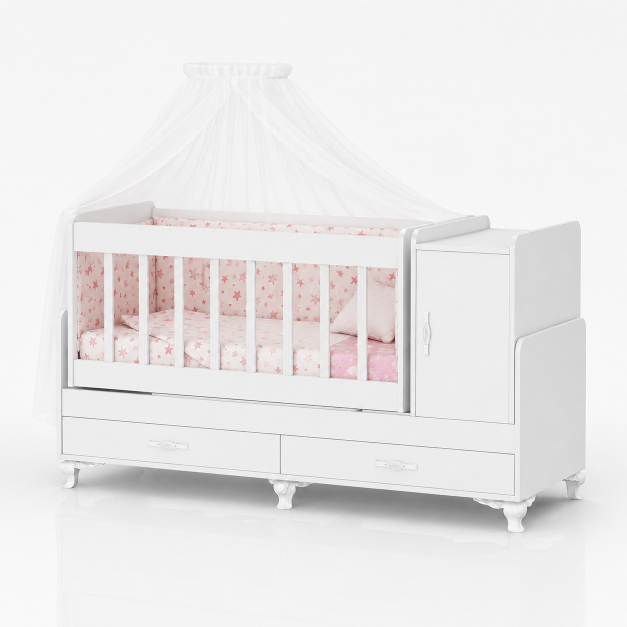 Dolaplı Çekmeceli Büyüyen Sallanır Bebek beşiği beyaz