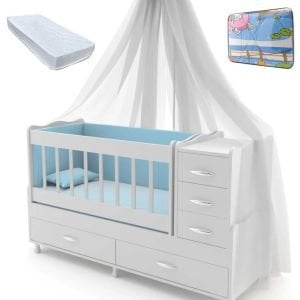 5 Çekmeceli Lükens Sallanır Ayaklı Büyüyen Sallanır Bebek beşikleri Mavi