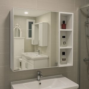 Tek Kapaklı Raflı Aynalı Banyo Dolabı Üst Modülü Beyaz