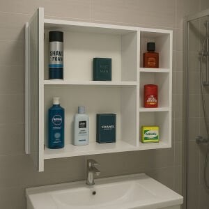 Tek Kapaklı Raflı Aynalı Banyo Dolabı Üst Modülü Beyaz