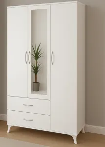 Gardırop 3 Kapılı 2 Çekmeceli Aynalı Elbise Dolabı GÜMÜŞ KULP BEYAZ AYAKLI