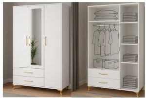 Gardırop 3 Kapılı 2 Çekmeceli Aynalı Elbise Dolabı